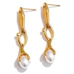 Sara Sotti Stainless Steel Simulated Pearls Drop Long Hanging Earrings